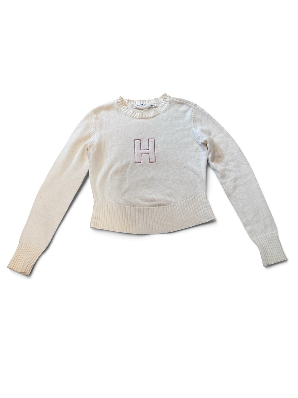 Tommy Hilfiger Cream Crewneck Sweater Pink H Embroidery size Small 100% Cotton